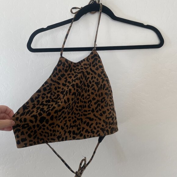 Cheetah Leopard Halter Crop Festival Hipster Hippie Suede Cropped Like Blouse - Picture 2 of 5